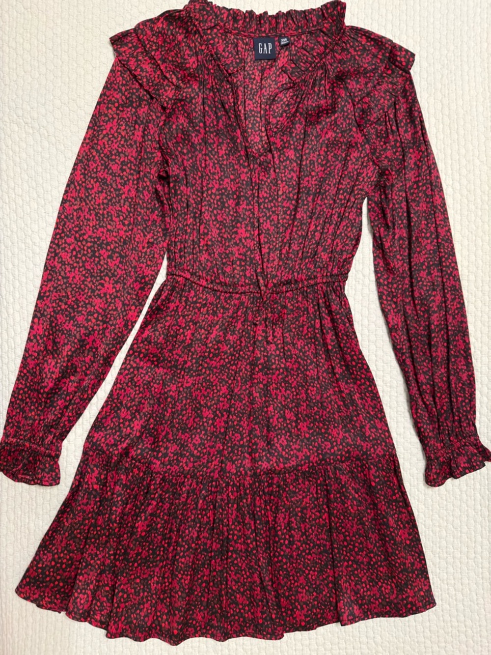 GAP Black and Red Print Long-Sleeve Ruffle Dress
